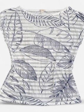 GAP White and Navy Nature Leaf Patterned Shirt with Sheer Stripes, Size Medium